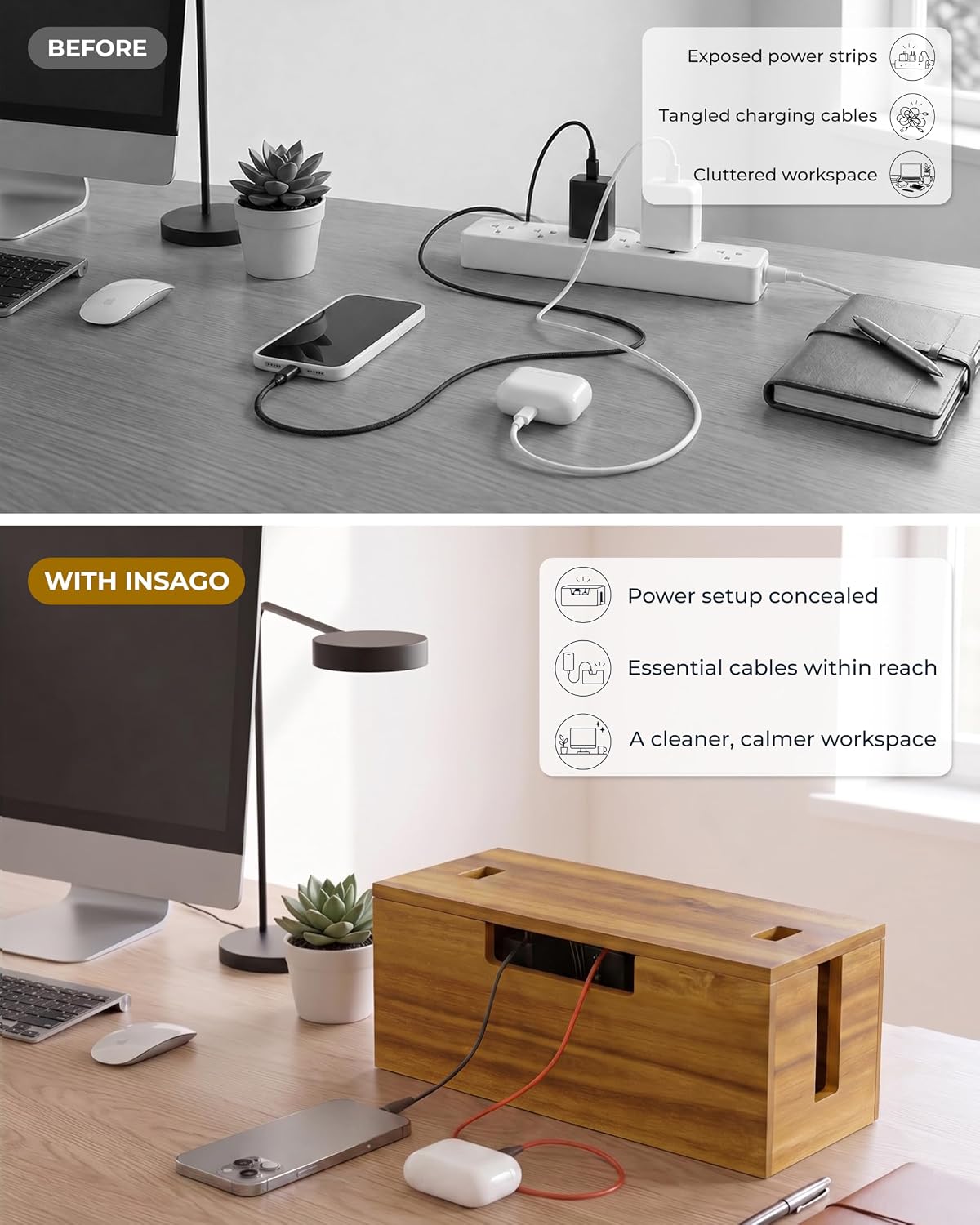INSAGO Large Acacia Wood Cable Management Box, Power Strip Cord Organizer