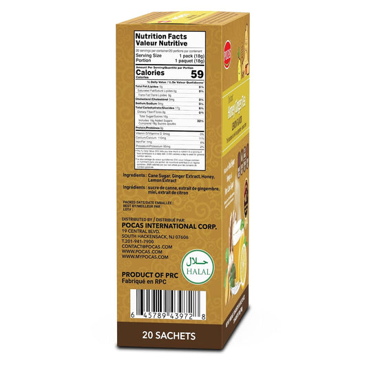 Pocas Honey Ginger Tea - Instant Tea Powder Packets with Lemon & Ginger Honey Crystals, 20 Count (Pack of 2)