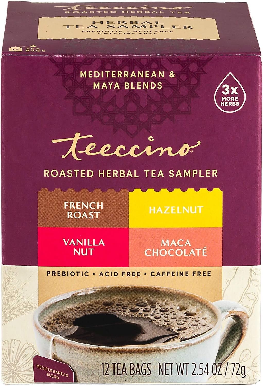 Teeccino Herbal Tea Sampler Assortment - 12 Tea Bags - Maca Chocolaté, French Roast, Hazelnut, Vanilla Nut - Roasted Caffeine Free Herbal Tea, Prebiotic for Natural Energy