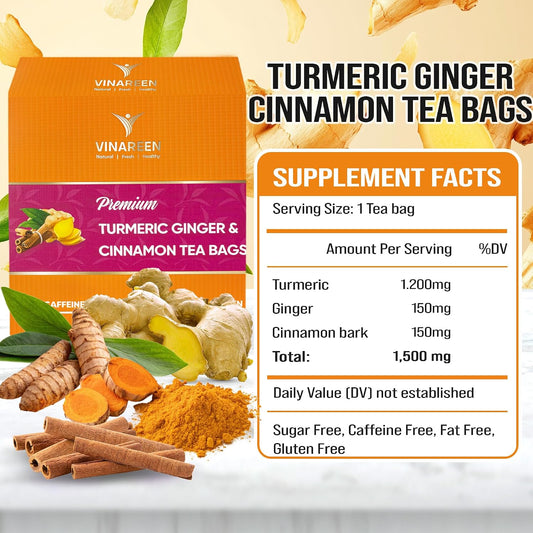 VINAREEN Turmeric Ginger Cinnamon Herbal Tea, 100 Tea Bags, Supports Digestion, Premium Natural Ingredients, Eco-Conscious Tea Bags, Caffeine-Free, Sugar-Free, Gluten-Free, Vegan.