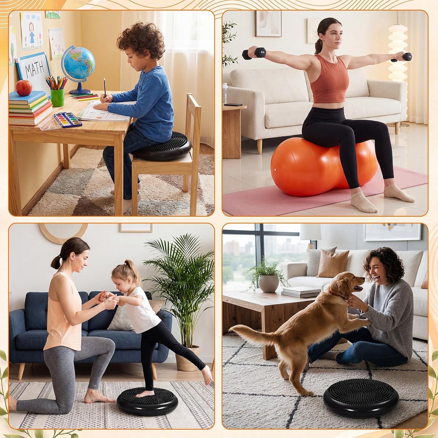 2 Pcs Peanut Ball and Wobble Cushion with Pump Set, Sensory Balance Disc Wiggle Seat for Kids and Adults, Flexible Seating for Exercise Physical, Child Training, Yoga