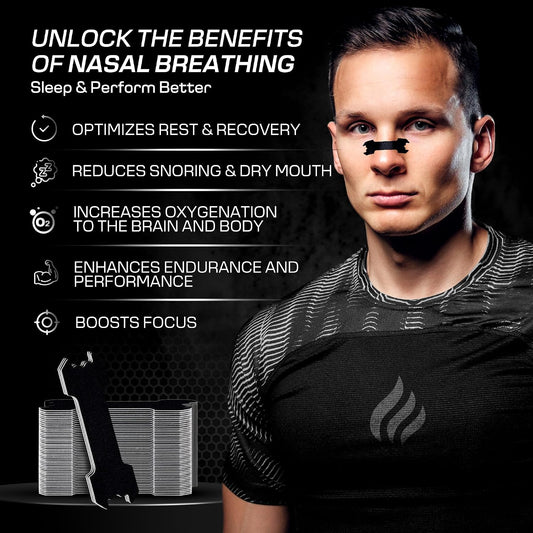Performance Nose Strips for Breathing (60 Count) - Oil & Sweat Proof Adhesive - Athletic Nasal Strips for Snoring & Sleeping - Black, Wide, Universal Fit, Extra Strength Snoring Solution for Sleep