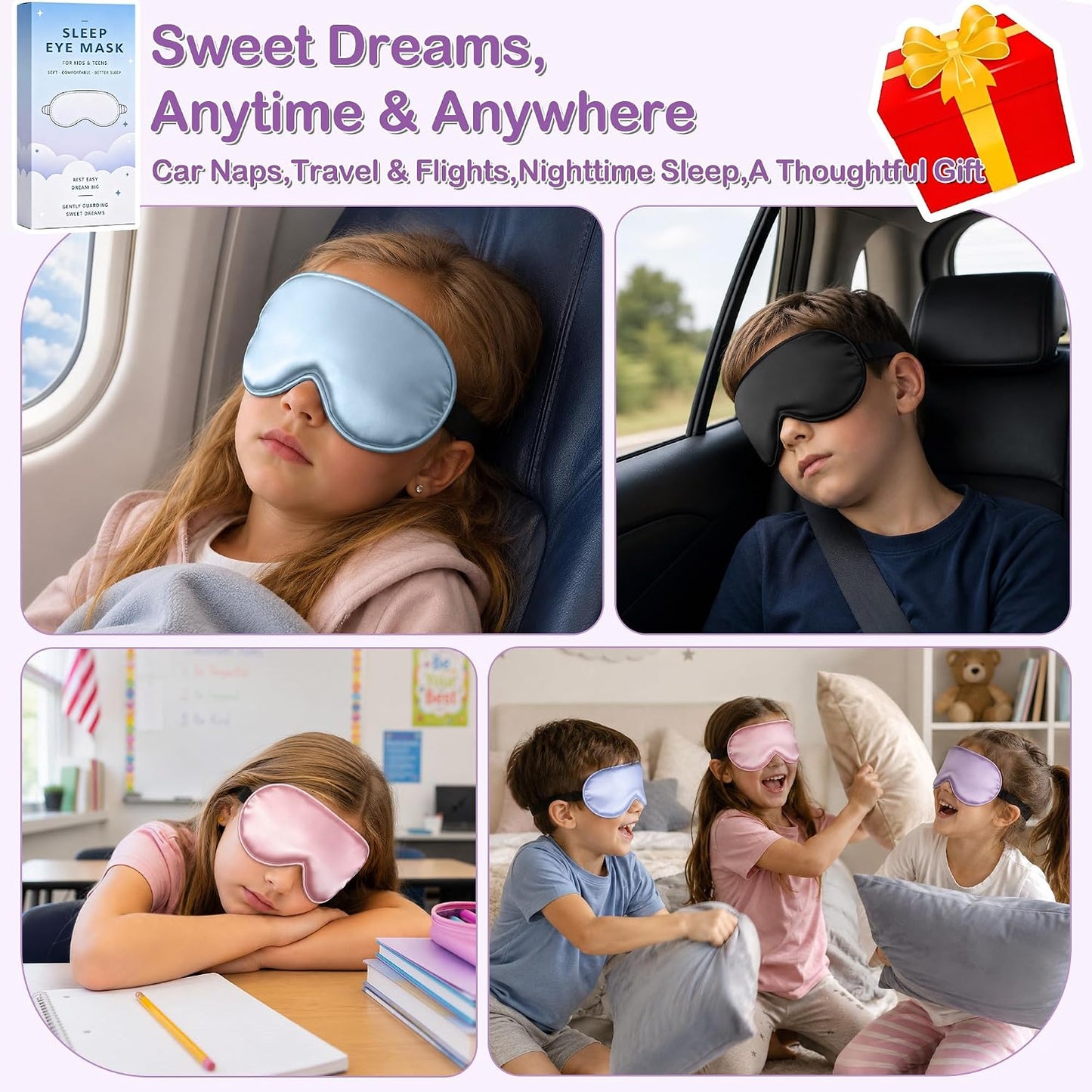 Kids Sleep Mask, Soft Eye Mask for Boys Girls with Adjustable Strap, Silk Light Blocking Sleeping Mask for Naps, Travel and Night Sleep, Includes Laundry Bag (Black)
