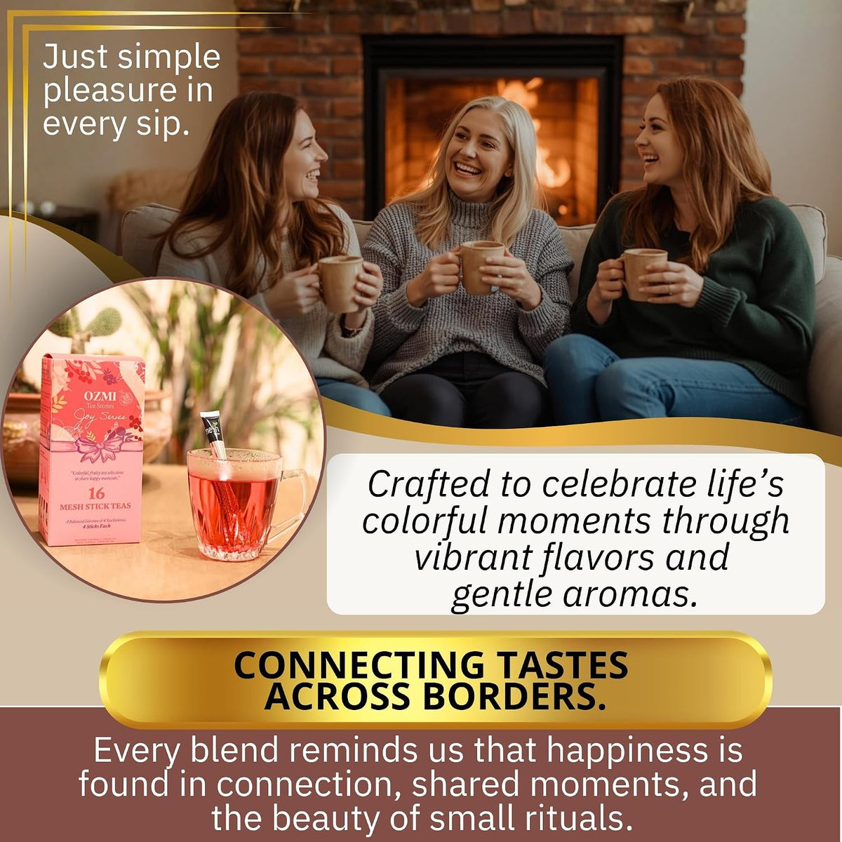 OZMI Premium Caffeine Free Fruit & Herbal Tea Sampler Gift Set, 16 Mesh Stick Teas, 4 Flavors, Rosehip, Wild Berry, Rooibos Vanilla & Pomegranate, No Teapot Required