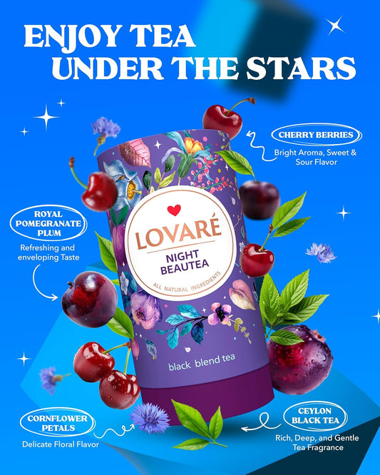 LOVARE Night Beautea Loose Leaf Tea 80 g - Made in Ukraine - Ceylon Black Tea, Cherry Berries, Cornflower Petals, Royal Pomegranate Plum Aroma - Tea Lovers Gift Box with 15 Paper Filters (Night Beautea)