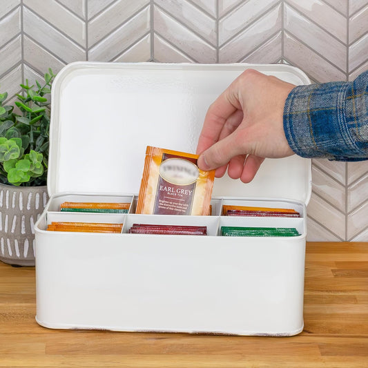 AuldHome Design Farmhouse Tea Bag Box (White), Vintage Retro Style Enamelware Tea Storage Tin
