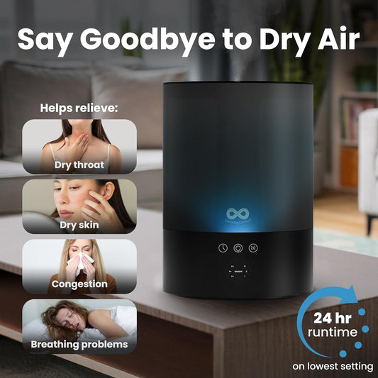 Everlasting Comfort 2.5L Top Fill Humidifier for Bedroom – Quiet, Easy to Fill & Clean, 24HR Runtime, Night Lights, Timer, Ultrasonic Cool Mist, Auto Shut-Off for Indoor Use - White