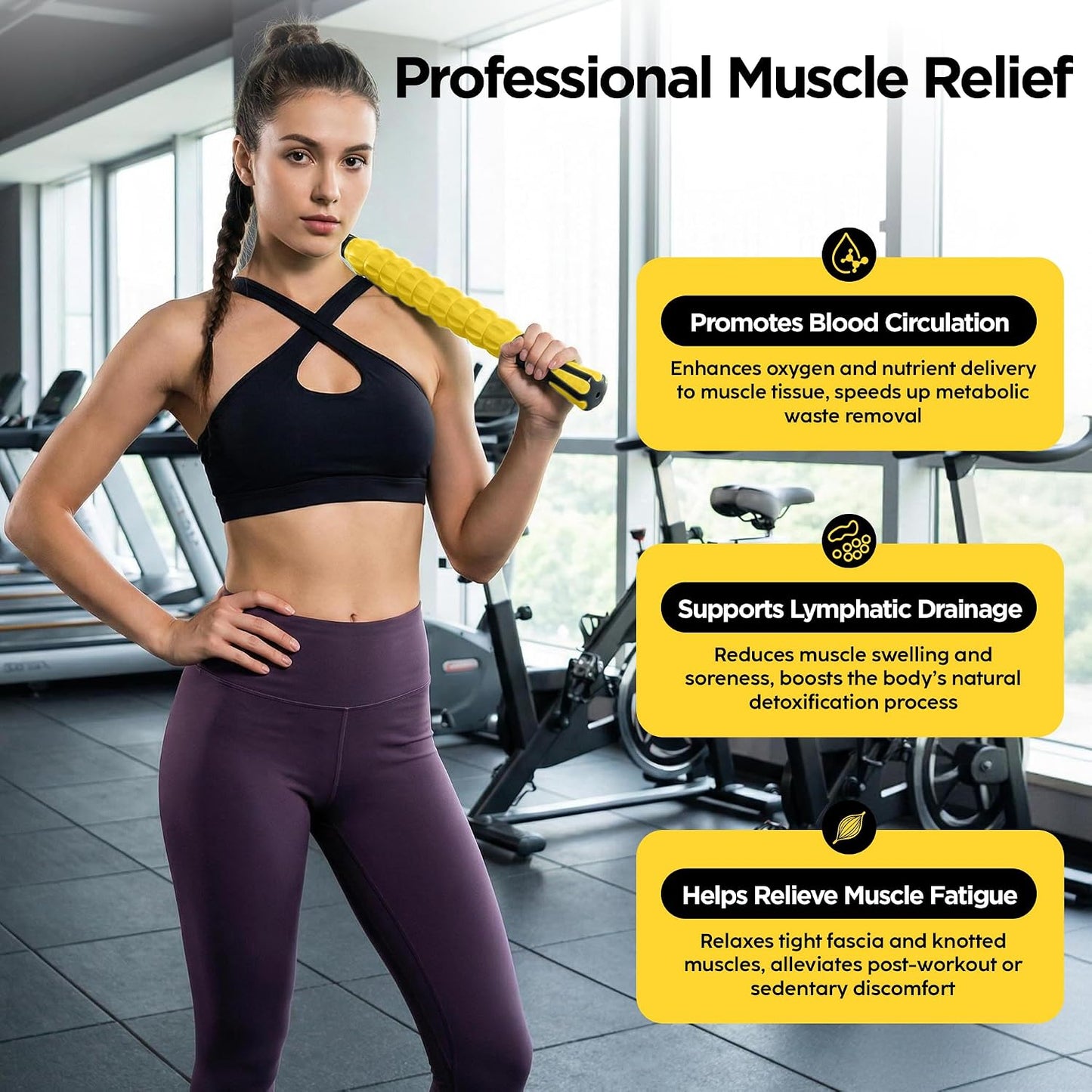 Muscle Roller Massage Roller Stick- Deep Tissue Fascia Blaster for Myofascial Pain Relief, Lymphatic Drainage & Body Sculpting, Handheld Physical Therapy & Recovery Tool (Pink black-18 inch)