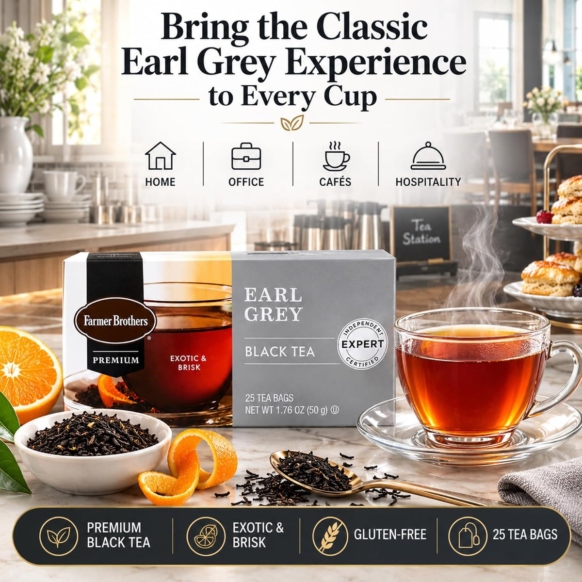 Farmer Brothers Premium Earl Grey Black Tea Bags, 25 Count, Gluten-Free