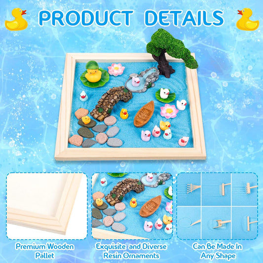 Angirlish 43PCS Zen Garden Kit for Desk, Mini Sandbox Set Gifts Included Wooden Tray Sand Tools Mini Resin Ducks and Accessories, Sand Tray Therapy for Meditation Room Office Home(Duck)