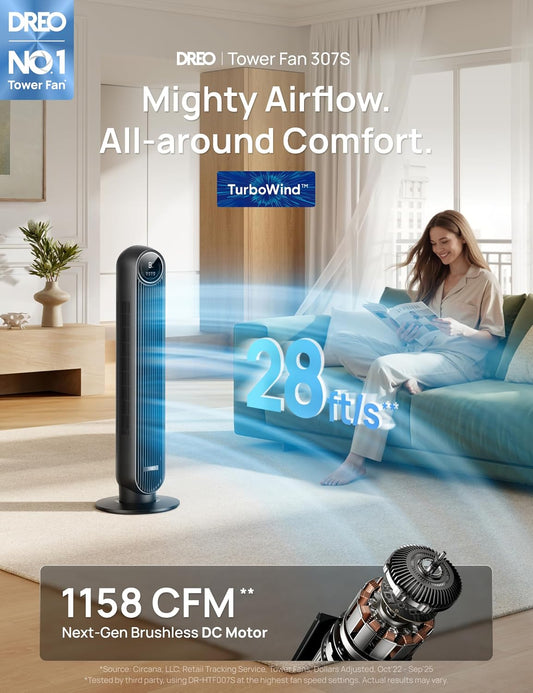 DREO Tower Fan for Bedroom, 2026 Upgraded DC Motor, 28ft/s Smart Standing Fans, 90° Oscillating Floor Fan with 20dB Ultra Quiet, 8 Speeds 4 Modes, 8H Timer, Bladeless, Remote, WiFi Voice Control