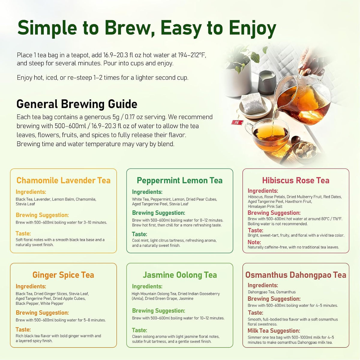 RHYSRIEY Real Leaves Herbal Tea, 60 Tea Bags Variety Pack, Gift Sampler