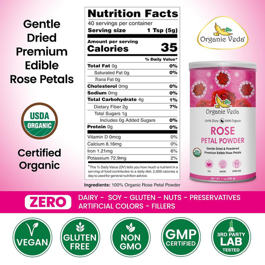 Organic Veda Rose Petals Powder - USDA Organic Edible Dried Rose Petals for Tea, Baking, Drink Mix, DIY Beauty Skin Care, Hair & Face Mask - 100% Pure Rose Powder for Culinary & Aromatherapy, 7 oz