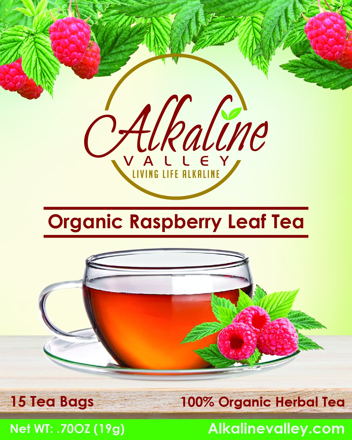 Red Raspberry Leaf Tea - 100% Alkaline and Organic - 15 Unbleached/Chemical-Free Tea Bags - Caffeine-Free, No GMO