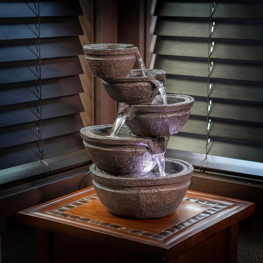 Alpine Corporation WIN1138 13" Indoor Tabletop Tiering Bowls Water Fountain with LED Lights – Cascading Water Feature for Home, Office, Meditation, and Relaxation, Dark Gray