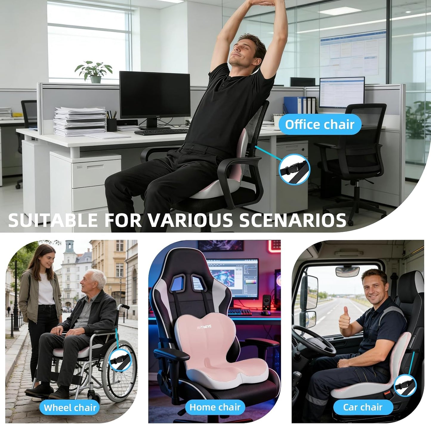 2026 Upgraded Orthopedic Memory Foam Seat Cushion with Adjustable Strap, Coccyx & Sciatica Pain Relief, Washable Non-Slip, Ergonomic Support for Office Chair, Car & Wheelchair (Dark Grey)