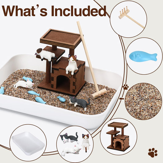 CypherX Cat Zen Garden for Desk, Mini Zen Garden Kit with Sand Tray, Cute Desk Decor for Office Cubicle, Relaxing Sand Tray Therapy Kit for Cat Lovers