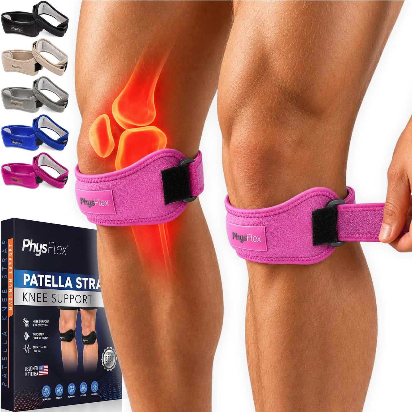 PhysFlex 2 Pack Patellar Tendon Support Strap - Knee Brace for Pain Relief, Patella Band for Basketball, Jumpers Knee, Tendonitis, Adjustable Patella Stabilizer Strap for Men & Women