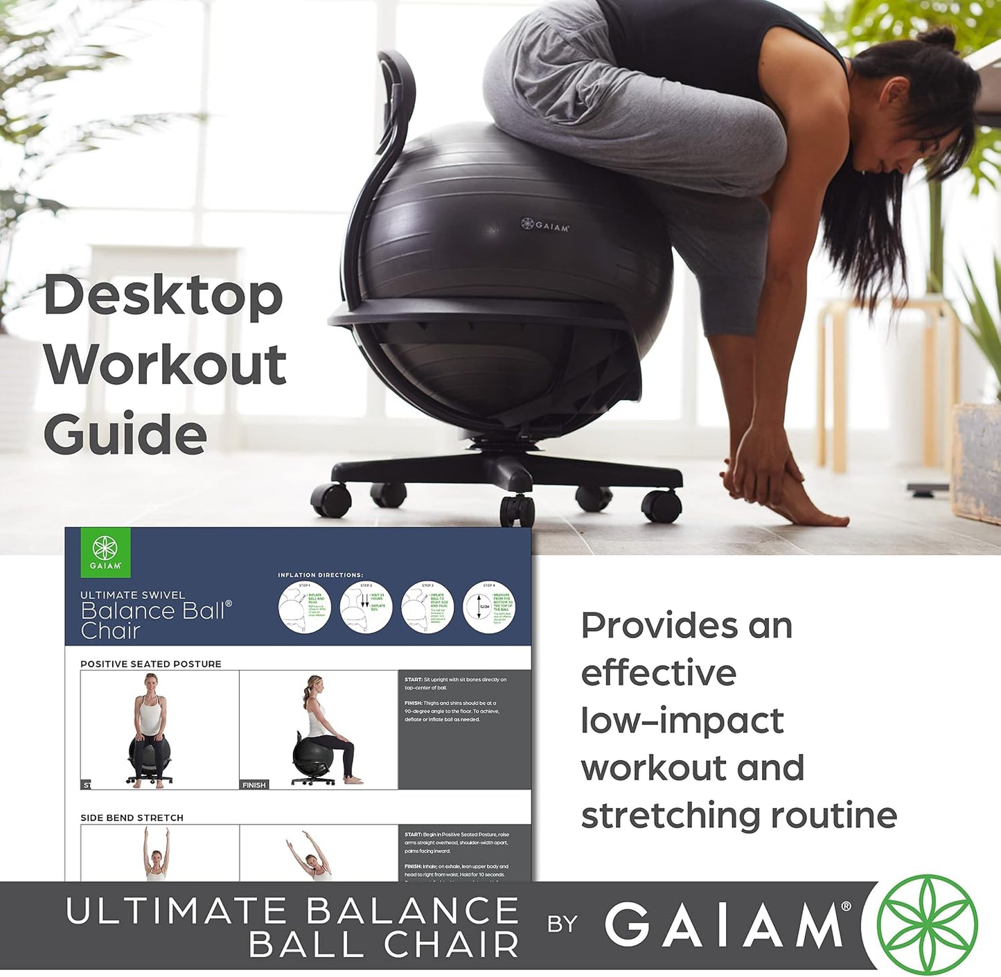 Gaiam Classic Balance Ball Chair – Ergonomic Stability Chair for Desk & Office | Yoga Ball Seat with Base, Air Pump, & Exercise Guide | Improves Posture & Core Strength (300 lb Capacity)