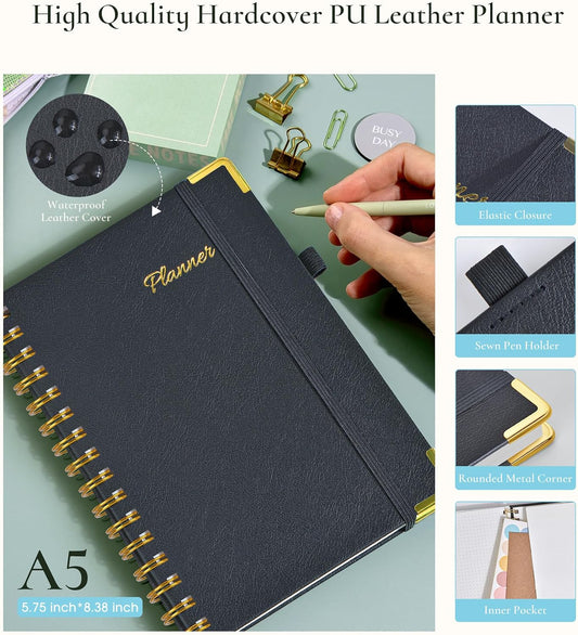 Undated Weekly Planner, Hardcover Leather Weekly & Monthly Calendar Blank Planner, To Do List Notebook with Goal & Habit Tracker Organizer, A5 Daily Planner with Spiral Binding, Ideal for Work School Home, Black