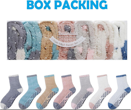 Bulinlulu Fuzzy Socks with Grips Plush Sleep Cozy Winter Soft Hospital Fluffy Socks for Womens Mens Gifts