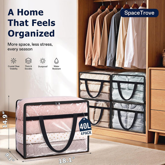 SpaceTrove Clear Storage Bags, 4-Pack Under Bed and Closet Organizers 40L