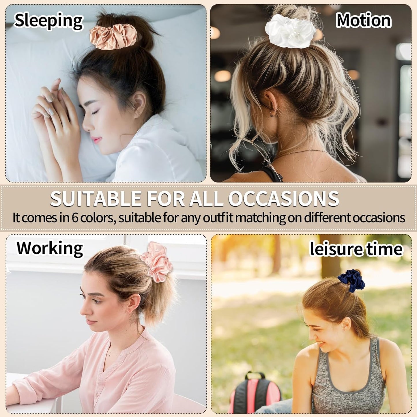 Large Silk Scrunchies for Women - 6PCS Satin Hair Ties Oversized, No Damage Hair Bands Gentle for Thick/Long Hair, Soft & Comfortable for Sleeping, Gym, Travel (Red/Black/Brown)