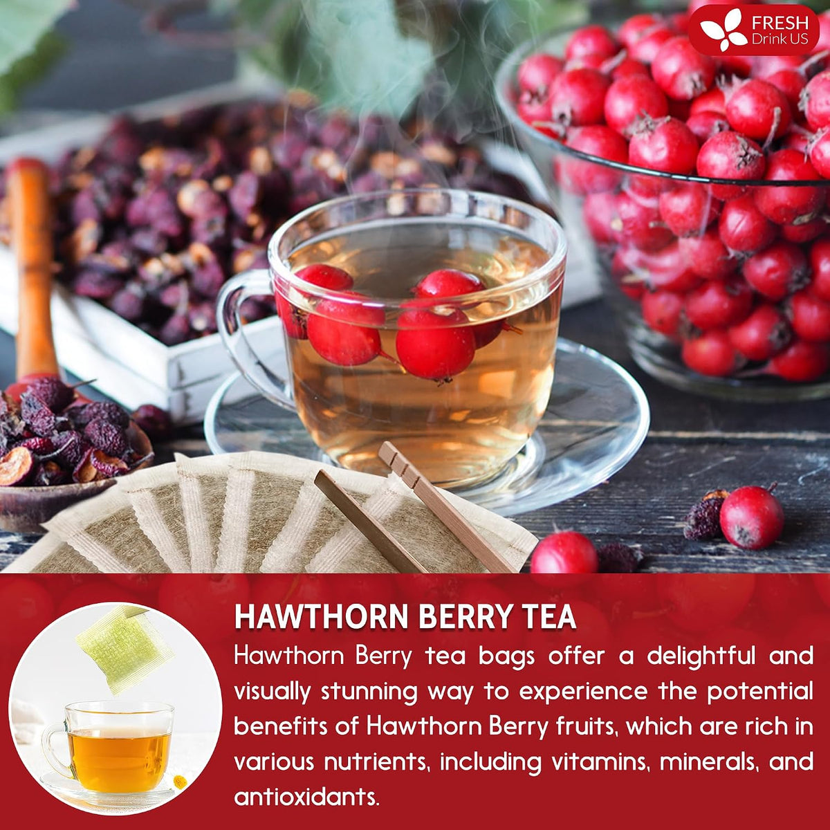 FreshDrinkUS, Premium Hawthorn Berry Tea, 75 Count, Pure, Caffeine Free
