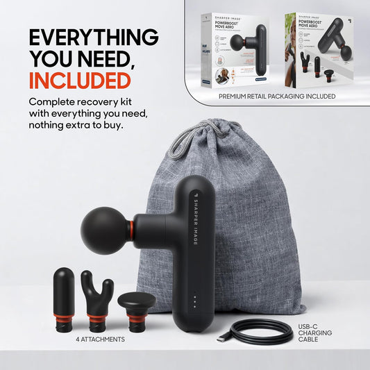 Sharper Image Deep Tissue Percussion Massage Gun, Powerboost Move Evo Hot & Cold Rechargeable Handheld Massager, 4 Adjustable Speeds, 5 Attachment Heads & Carrying Case, for Muscle Pain Relief, Blue