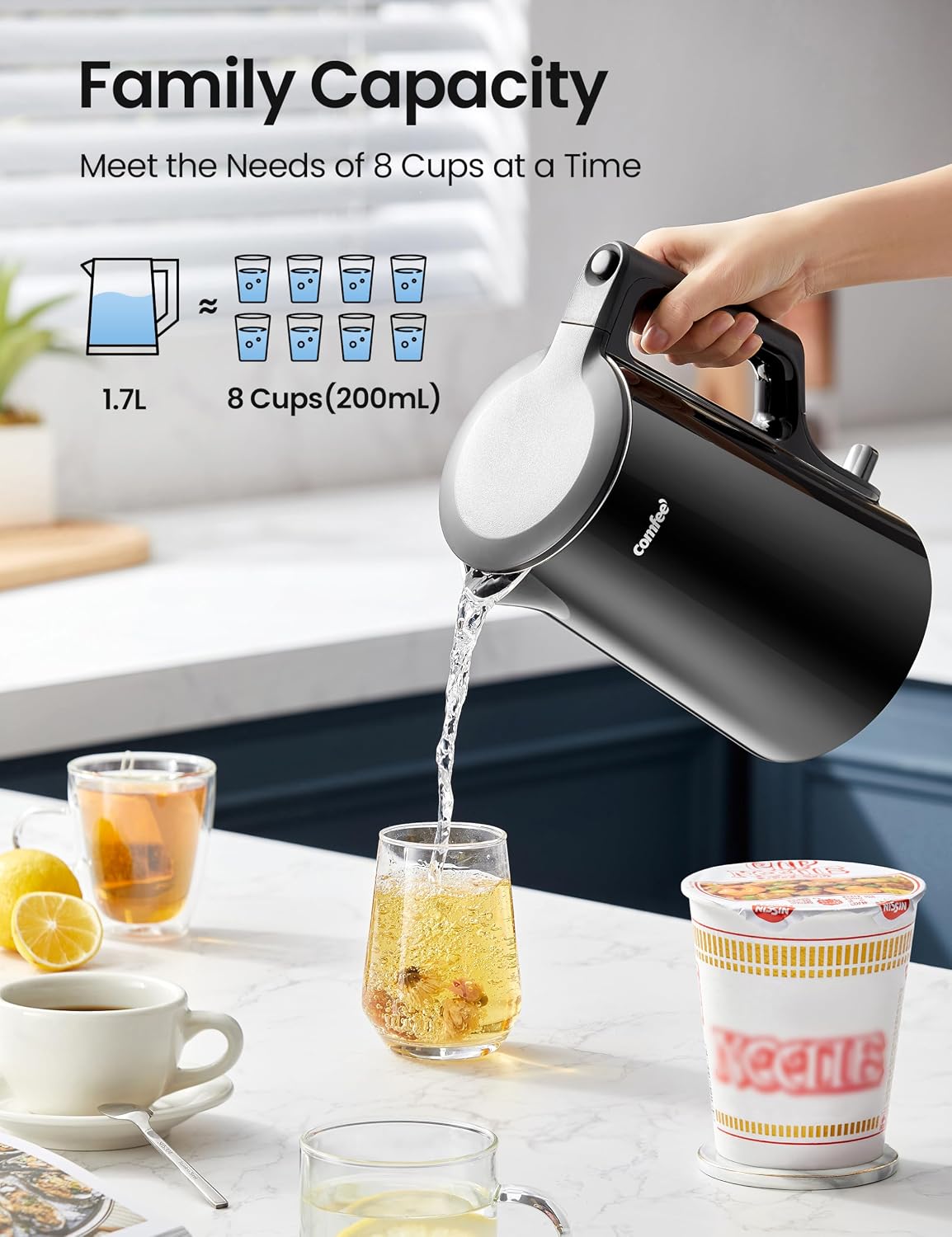 Comfee 1.7L Stainless Steel Electric Tea Kettle, BPA-Free Hot Water Boiler, Cordless with LED Light, Auto Shut-Off and Boil-Dry Protection, 1500W Fast Boil