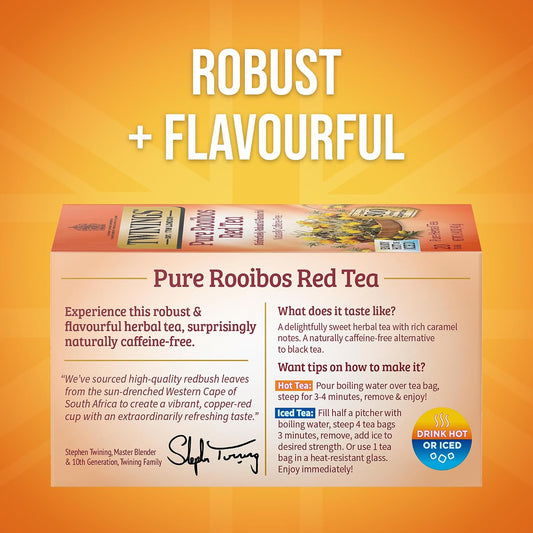 Twinings Pure Rooibos Red Herbal Tea Individually Wrapped Bags, 20 Count (Pack of 6), Sweet with Uplifting Aroma, Naturally Caffeine-Free, Enjoy Hot or Iced, 120 Teabags