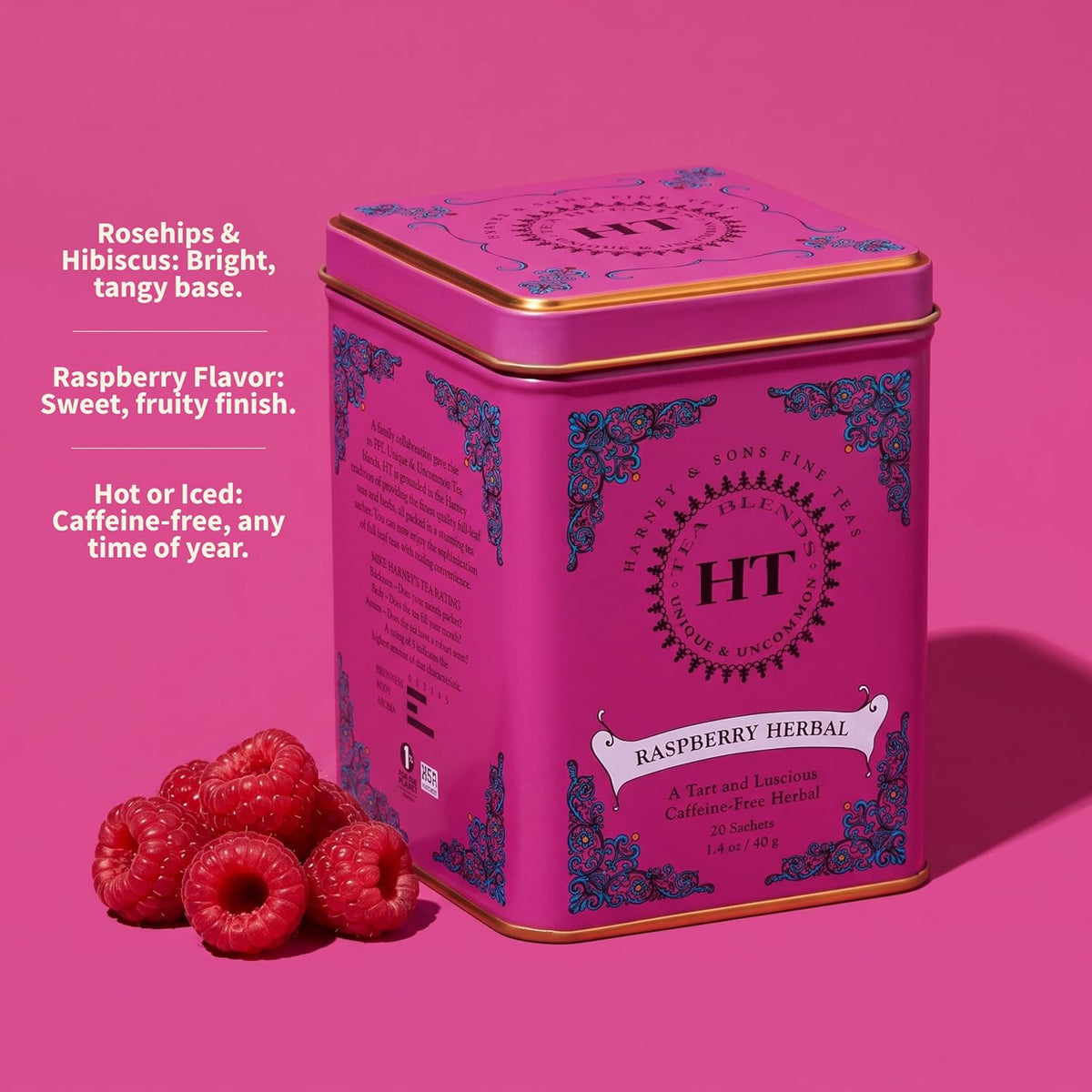 Harney & Sons HT Raspberry Herbal Tea, Caffeine Free, 20 Sachets Tin