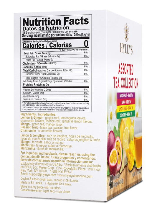 Hyleys Assorted Tea Collection, Passion Fruit, Mango, Lemon, 48 Tea Bags