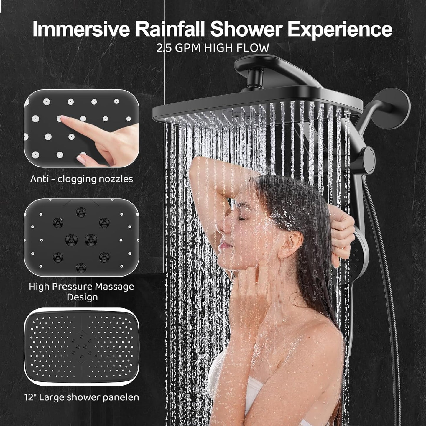 Rain Shower Head with filtered Handheld High Pressure rainfall Shower Heads with Handheld Spray Combo Adjustable one-piece stand daul shower head Built-in Magnetic Docking and Power Jets