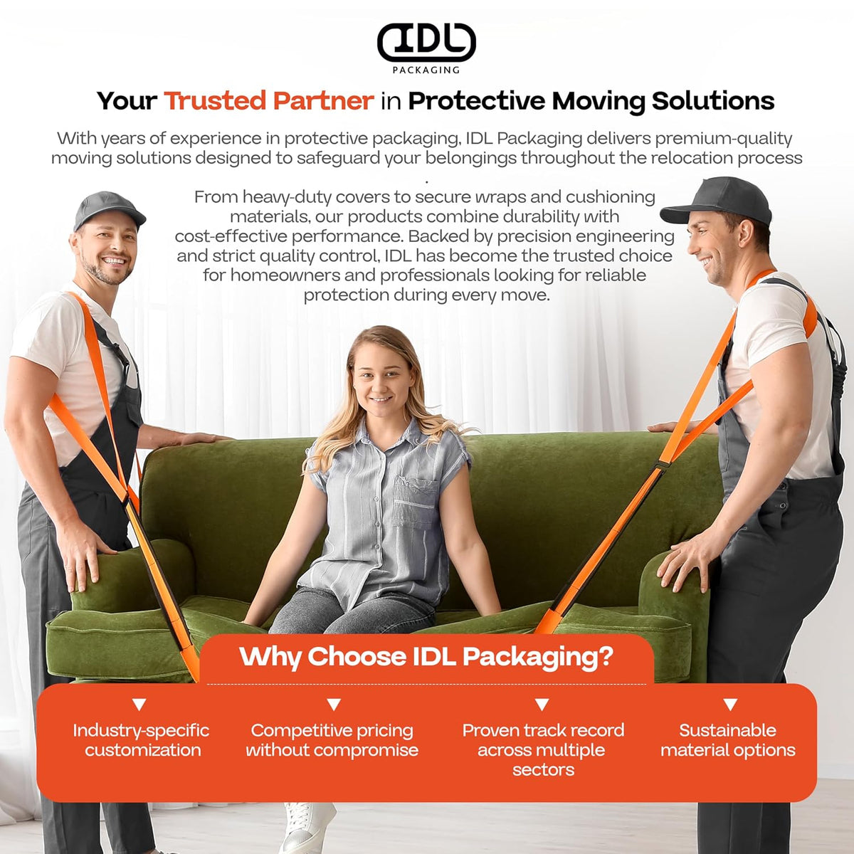 Moving Straps for Lifting 1.77" x 106" - 2-Person Lifting and Carrying System - Orange Furniture Moving Straps - Safely Carrying Shoulder Harness for Secure Furniture and Appliances by IDL Packaging