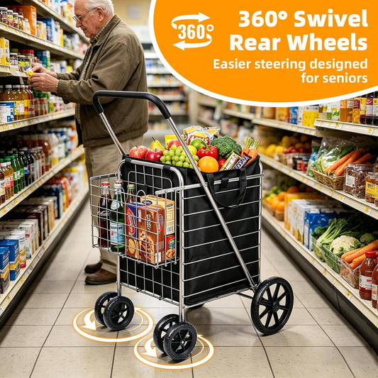 Folding Shopping Cart with Large Front Wheels, Grocery Cart with Waterproof Liner, 360° Swivel Dual Rear Wheels and Double Basket, Heavy Duty Utility Wagon, Perfect for Groceries Laundry Luggage