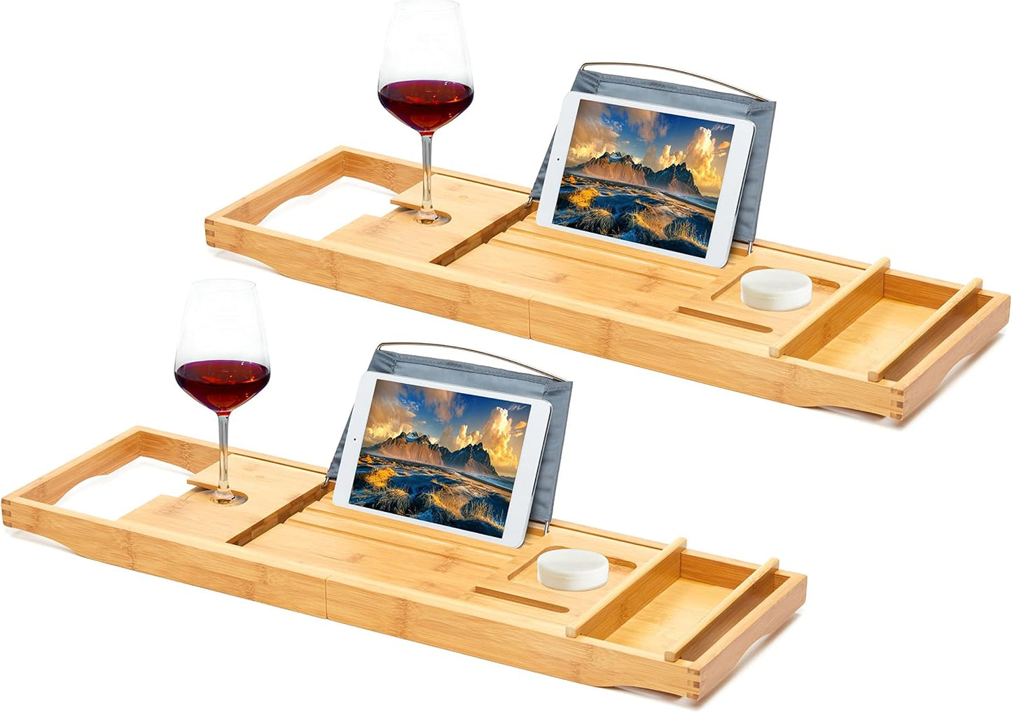 Bamboo Bathtub Caddy Tray, Expandable Bath Table Over Tub with Glass Book