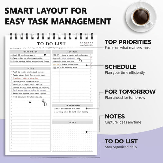 To Do List Notepad Notebook for Work 8.5"x11"Undated Daily Planner | Checklist Note Pad with Schedule, Task Tracker, Stay Organized, Office Supplies & Desk Accessories, 52 Tear-Off Sheets, Gray
