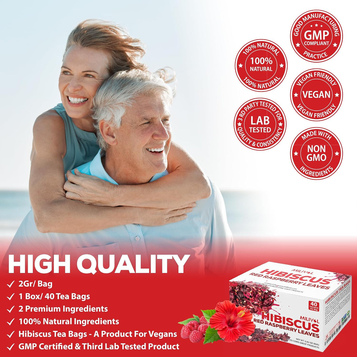 MILIVOL Hibiscus Flowers Mixed Red Raspberry Leaf Tea Bags - 1.5Gr/Bag - 40 Bags - Non-GMO, Caffeine-free Tea supports Heart, Digestion and Mood
