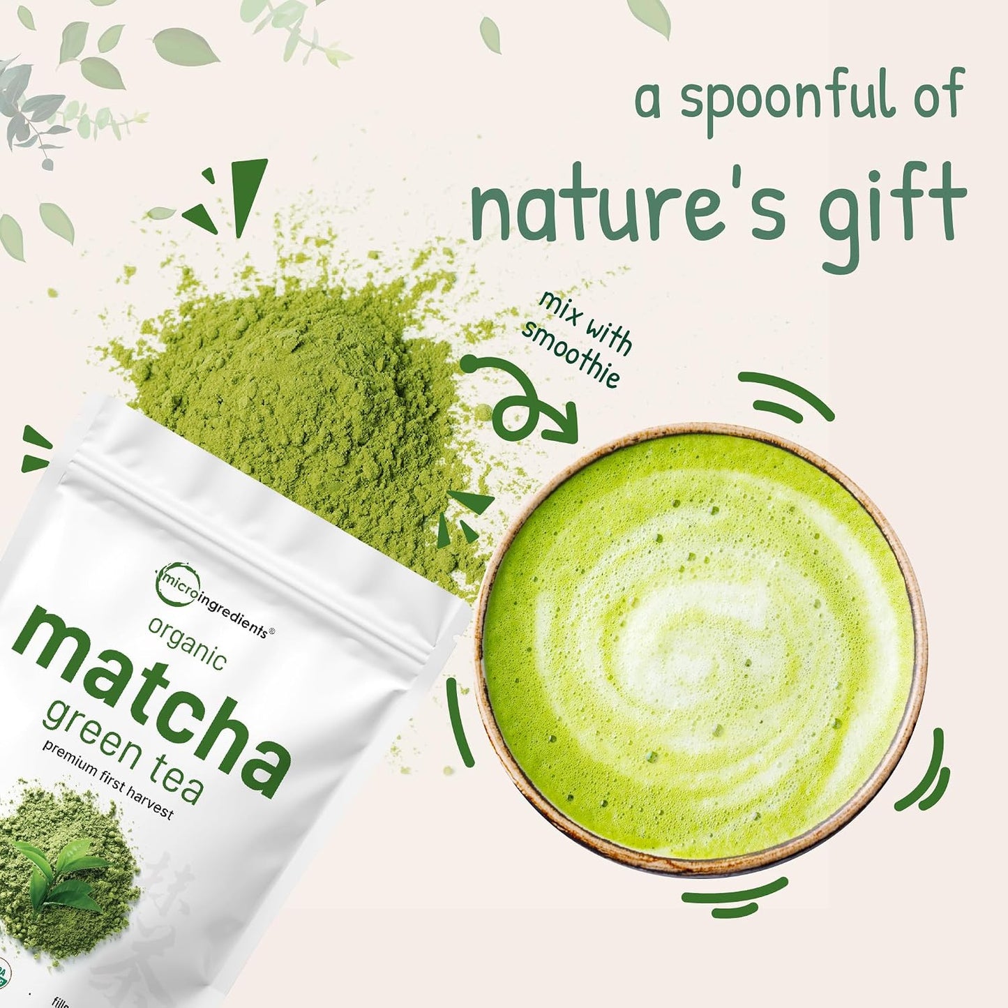 Micro Ingredients Organic Matcha Green Tea Powder, First Harvest, Culinary Grade from Japan, 100% Pure & Unflavored, Great for Tea, Latte, & Smoothies, Non-GMO, No Sugar, Eco-Friendly Packaging, 1 Lb