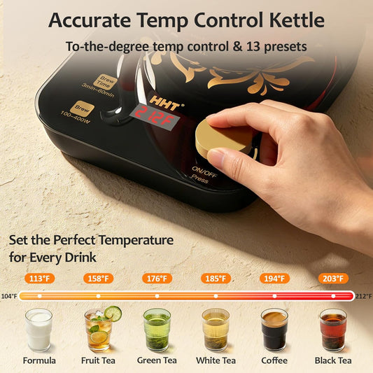HHT Electric Tea Maker with Infuser, ±1℉ Precise Temperature Control, Glass Electric Kettle for Herbal,Flowers,Fruit Tea and Loose Leaf,BPA-Free,Auto Shut-Off,Brewing Program,Keep Warm,0.8L Black