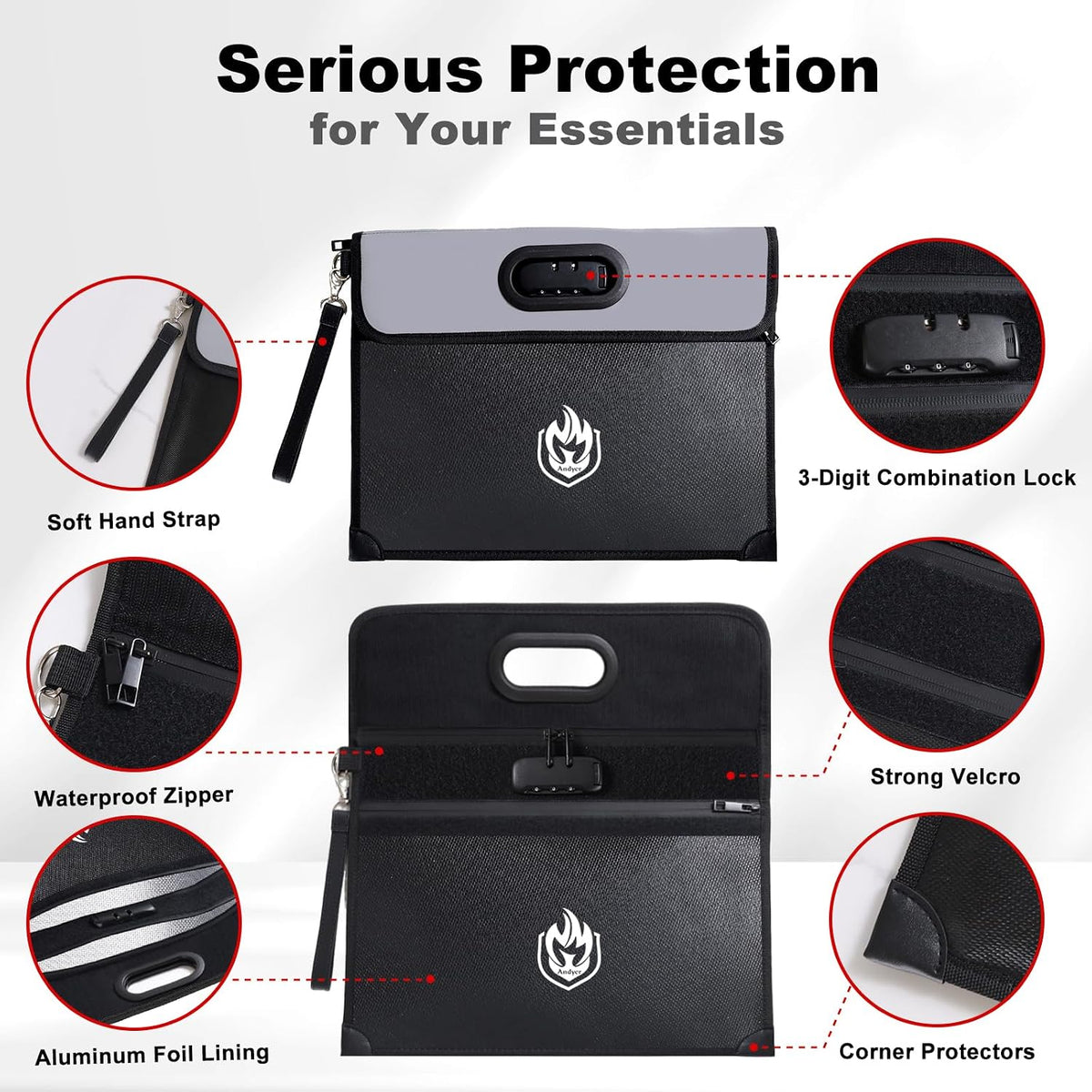 Andyer 2-Pocket Fireproof Document Bag with Lock, 6500℉ Fireproof Money Bag