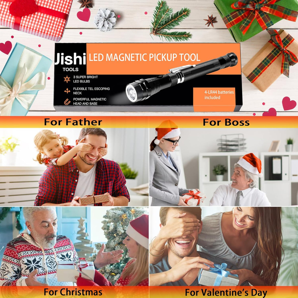 Jishi Magnetic Pickup Tool, Telescoping Magnet LED Flashlight, Gifts for Men, Adults, Dad, Husband, Stocking Stuffers, Multitool, Aluminum Handle