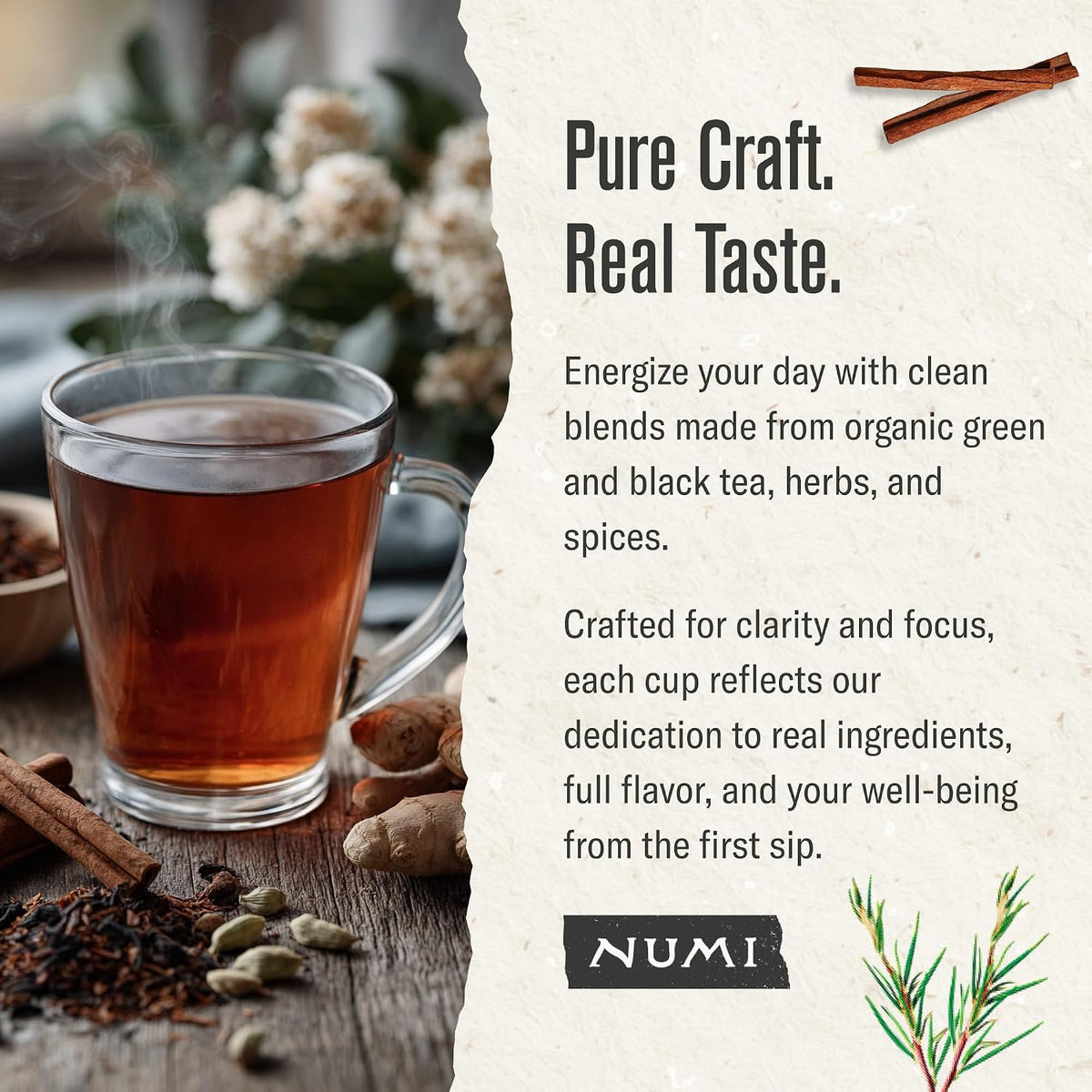 Numi Organic Rooibos Chai Tea, 18 Herbal Tea Bags, Caffeine Free