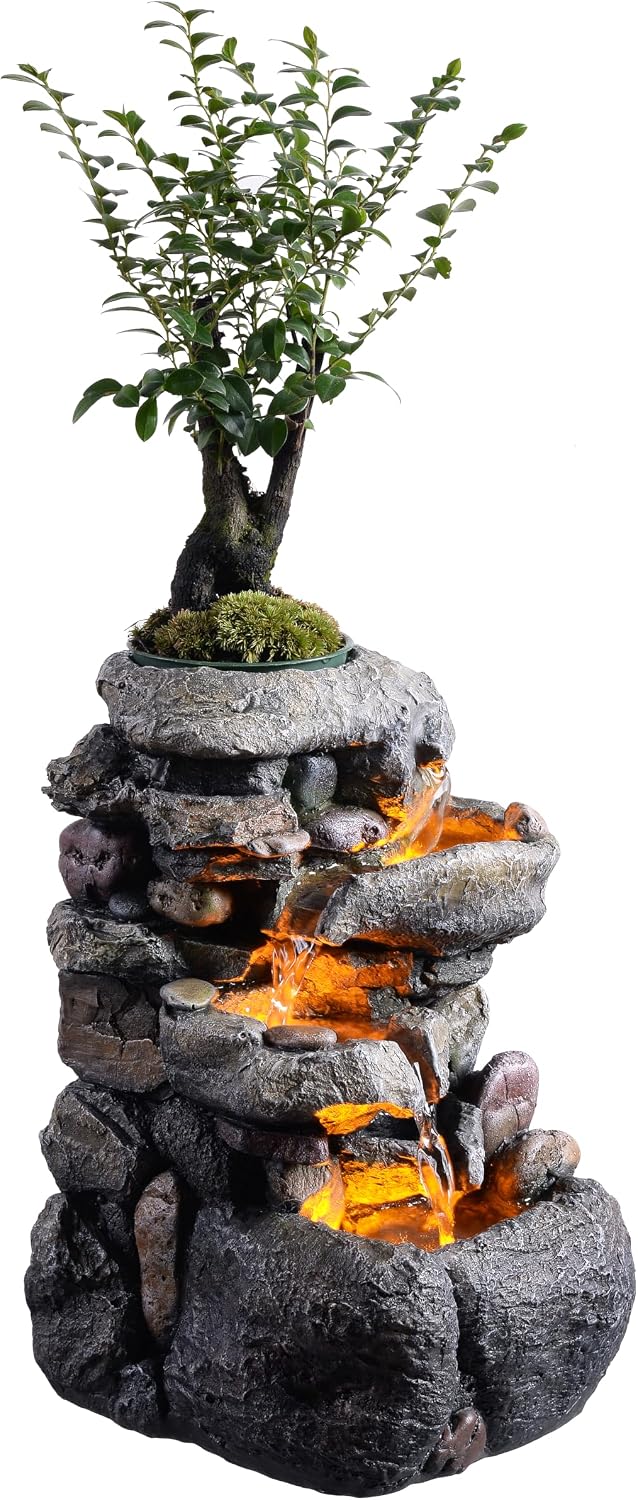 Tolevoit Tabletop Water Fountain with LED Lighting for Indoor Decor and Ambiance Relaxation Soothing Sound Waterfall Indoor Zen Relaxation for Office Home Decorations Growing Plants by Yourself