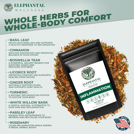 Elephantal Wellness Premium Inflammation Herbal Tea | Comfort & Mobility Blend with Turmeric, Boswellia, White Willow Bark & Ginger | Handmade, Non-GMO, Caffeine-Free Loose Leaf, 2oz, 20 Servings