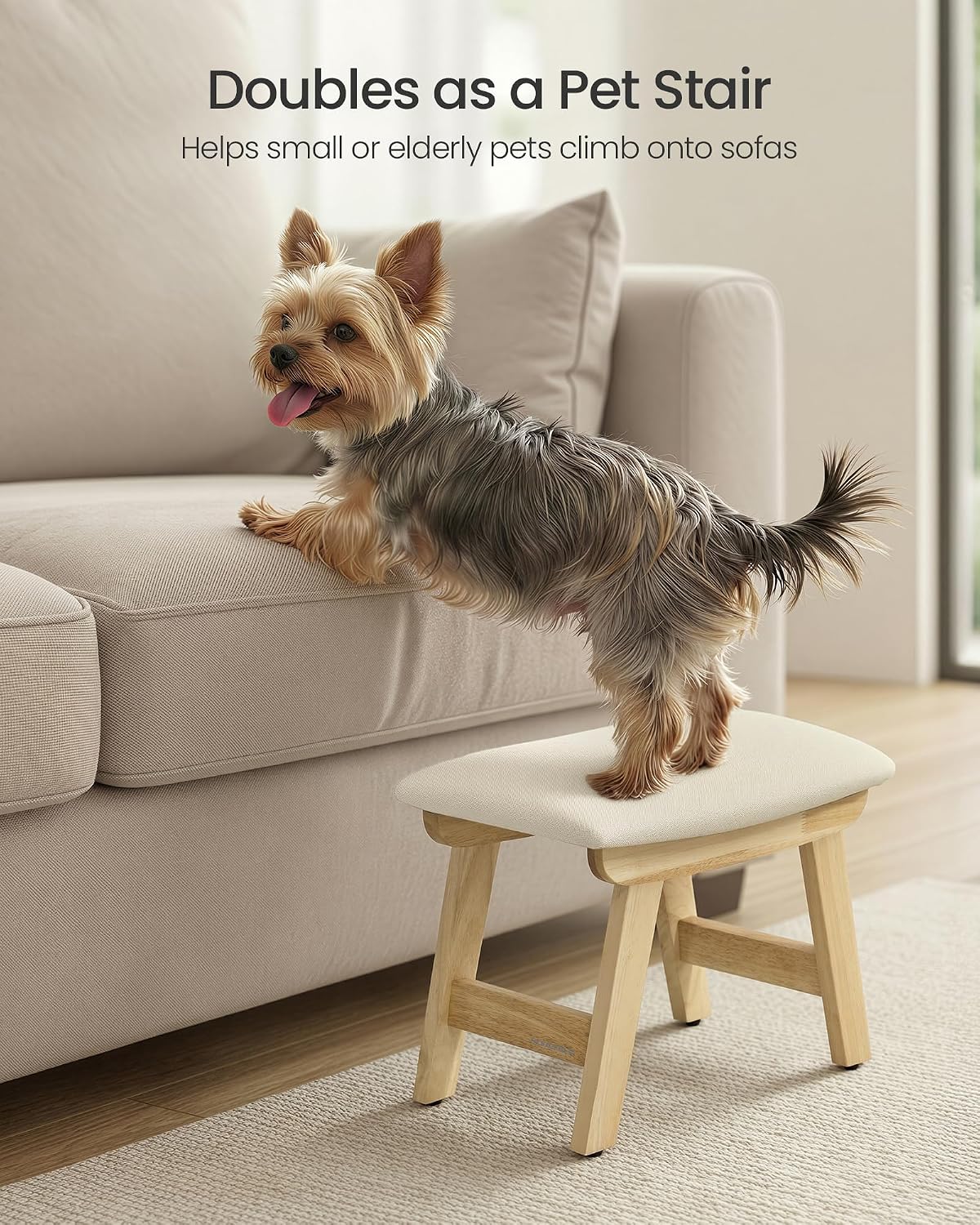 SONGMICS Foot Stool Ottoman, Padded Foot Rest Under Desk with Solid Wood Frame, Removable Cover, for Living Room, 9.8 x 15.4 x 11.8 Inches, Summer Sand and Brown ULSF052LF01