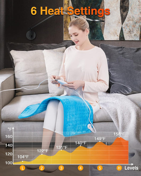 WOOMER Extra Large Heating Pad, 17"x33" XL Heating Pad, Heat Pad with Multi-Color Option, Moist Heat Therapy Feature, Auto Shut-Off, Power Cords Storage Belt, Blue