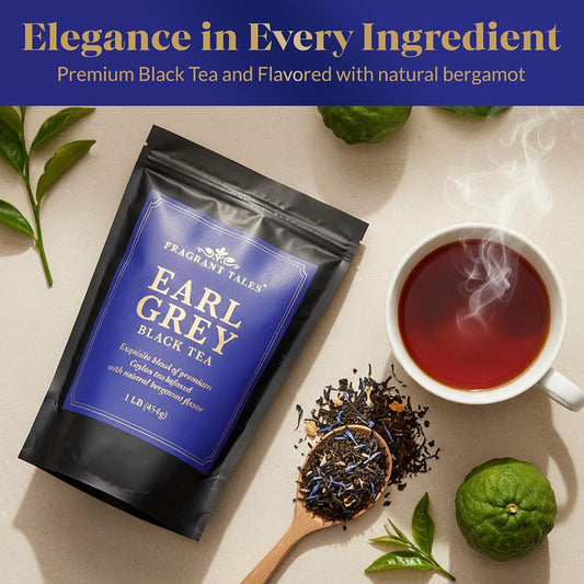 Fragrant Tales Earl Grey | 1LB (454g) | Loose Leaf Black Tea | Premium Ceylon Tea with Natural Bergamot Aroma & Blue Cornflower Petals | Strong, Smooth Flavor | Bulk Resealable Bag