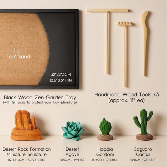 Desert Zen Garden Kit for Desk,12.6x8.6in Premium Sand Tray with 4 Artificial Features, Brown Sands, 3 Wood Tools,Mini Southwestern Desert Decor Zen Sand Garden Set for Home, Office Desk